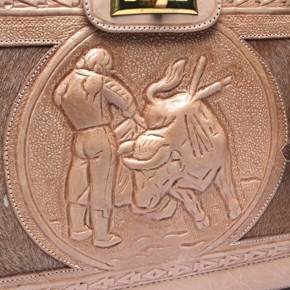 Vintage Mexican Tan Tooled Leather Handbag Purse Mayan Art Bull Retro Top Handle - Picture 15 of 16